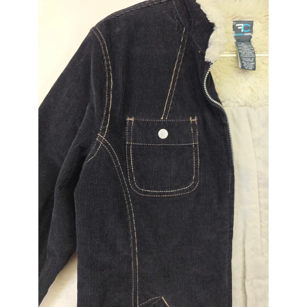 Y2K French Cuff Corduroy Jacket‎ Womens L Black Sherpa Lined Grunge Cozy Fall